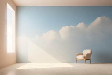 Minimalistic room interior with light streaming through a window, featuring a single chair and a cloud mural on the wall.