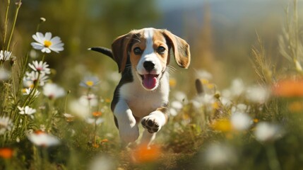 Happy Beagle puppy running through a field of wildflowers under the bright sun, capturing the joy of a playful moment in nature.