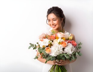 Beautiful bride with wedding bouquet isolated on white