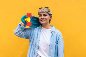 young girl with a skate and short hair