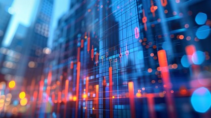 3D render of an upward trending graph with bar lines, placed on top of digital media in front of office buildings, symbolizing business growth and success. The background is blurred to focus