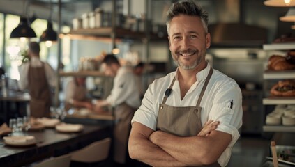 Fototapeta premium A portrait of a male cook restaurant standing in kitchen
