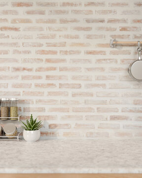 A showcasing space on a white marble tabletop against the brick wall in a Scandinavian kitchen.