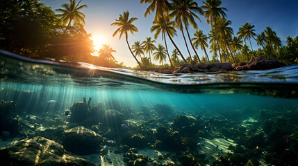 Underwater view of vibrant tropical forest and coral reef illuminated by the warm hues of a sunset. - Powered by Adobe