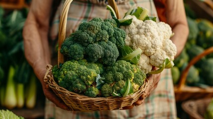 farmer holding a basket of green broccoli and white cauliflower generative ai