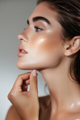 Fototapeta premium a beautiful woman touching her chin : Generative AI