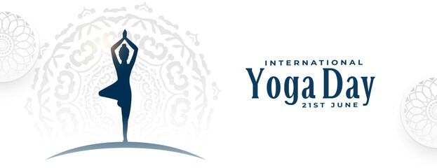 international yoga day white banner woman in surya namaskar posture
