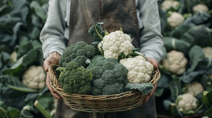 farmer holding a basket of green broccoli and white cauliflower generative ai