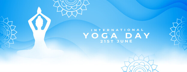 international yoga day blue banner with cloudy effect