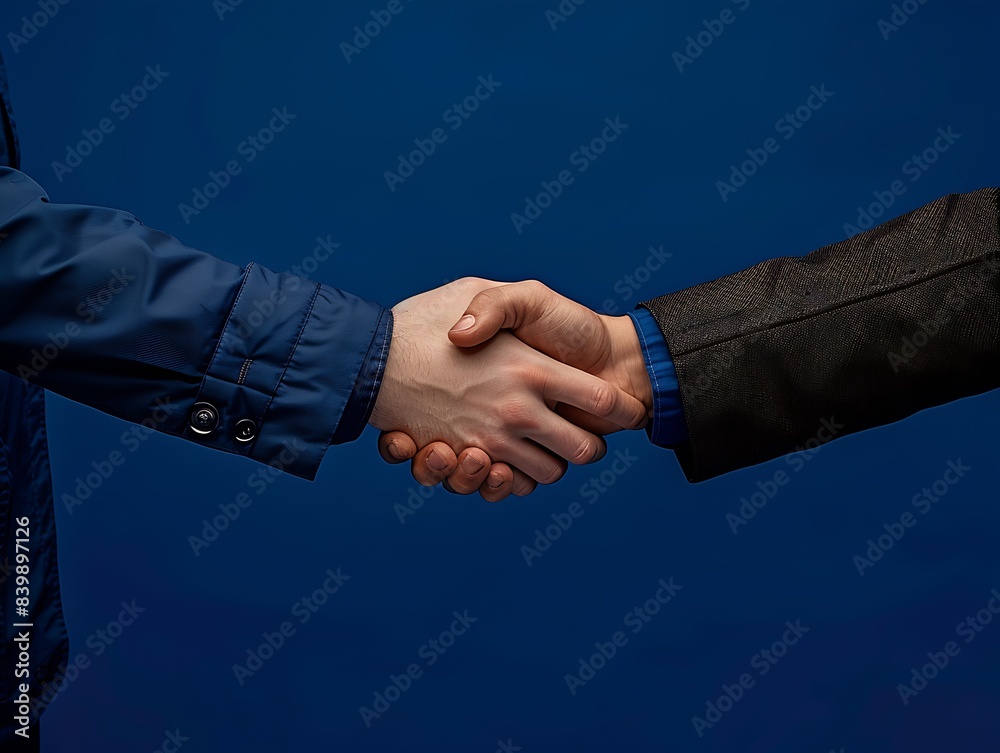 Poster two hands in a handshake in jackets on a dark blue background, office style : generative ai