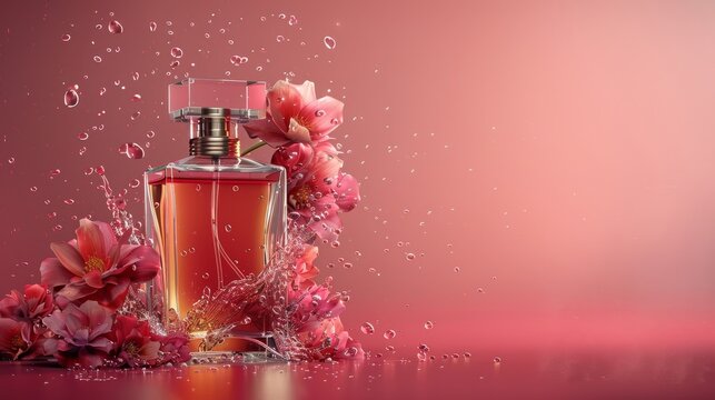 Elegant close-up of a perfume bottle with floral fragrance burst, isolated background, professional studio lighting for advertisements