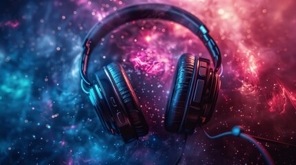 Earth with headphones in a colorful cosmic backdrop, futuristic digital art, showcasing music-inspired space themes