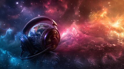 Earth with headphones in a colorful cosmic backdrop, futuristic digital art, showcasing music-inspired space themes