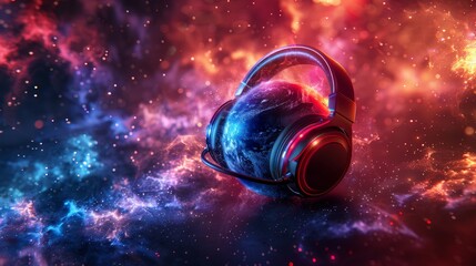 Earth with headphones in a colorful cosmic backdrop, futuristic digital art, showcasing music-inspired space themes