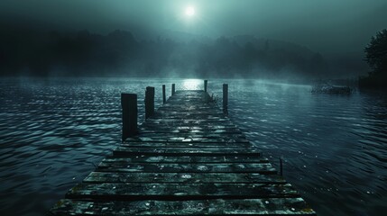Dramatic view of a wooden pier reaching out over dark, reflective waters, creating a contemplative and adventurous atmosphere