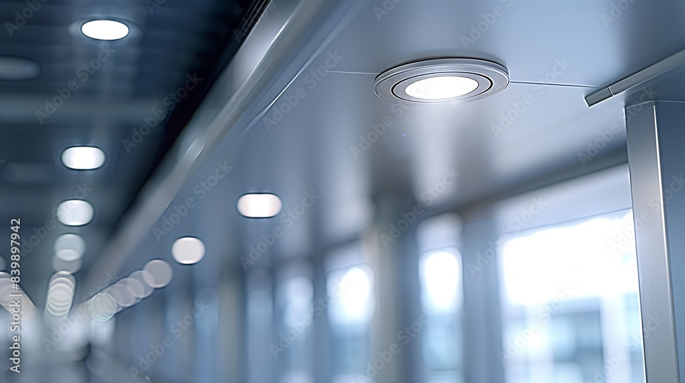 Poster close-up of a single celling small downlight in an airport waiting area : generative ai