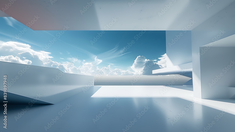 Poster white background with an open wall in the center, a flat blue sky above and clouds below : generativ