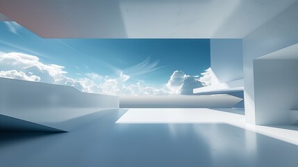 white background with an open wall in the center, a flat blue sky above and clouds below : Generative AI