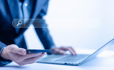 businessman search bar from a smartphone. concept of keyword search engines, web browser...