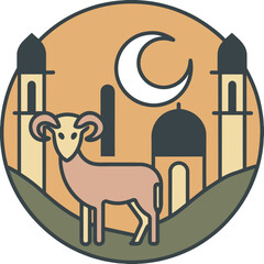 Eid al Adha moon and a mosque silhouette below a ram stands on a hill