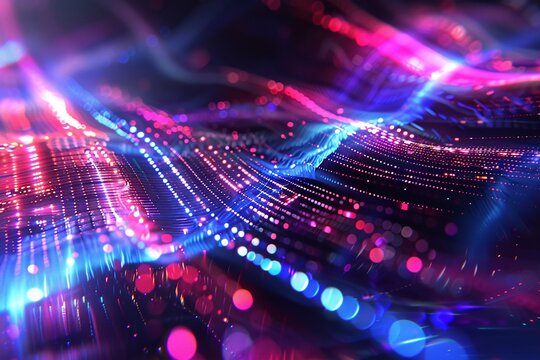 High-tech digital abstract background with layered holographic patterns and light streaks