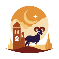 Eid al Adha moon and a mosque silhouette below a ram stands on a hill