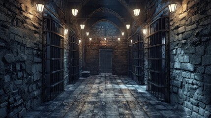 A long, narrow room with a lot of pillars and a lot of light. The room is very dark and empty