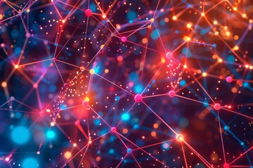 Obraz premium Digital network abstract background with interconnected neon nodes and dynamic light effects