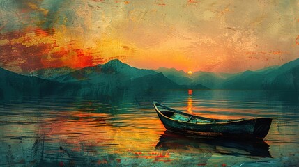 Serene Boat Scene Against Blue Background, Simple and Clean Style, with Mountains in the Distance