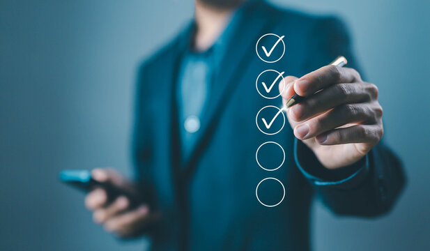 detail business verify task. checklist concept, task audit in a list of documents, tick the checkmark in the survey item. tick mark evaluation in options check form online, process order