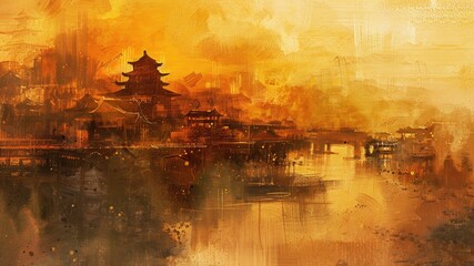 古い時代の中国をイメージした油絵背景_2