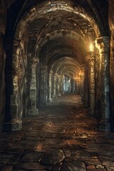 A long, narrow room with a lot of pillars and a lot of light. The room is very dark and empty