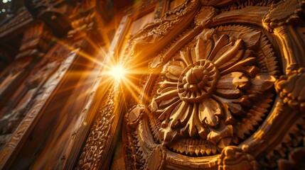 Fototapeta premium Divine radiant light shining on a wooden shield with detailed carvings, emphasizing its intricate artistry