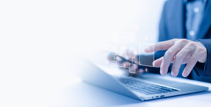 design workflow automation with flowcharts in computer laptop. diagram algorithm flow, model work structure digital, hierarchy scheme. business process and data management organigram