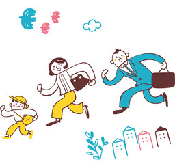 元気に歩く社会的な生活をする親子　セットのストック素材
