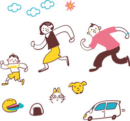 元気に歩く生活を楽しむ親子　セットのストック素材
