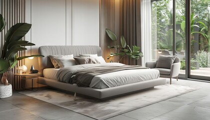 Modern bedroom interior design in a minimalist style with white walls and light gray floor tiles, a large bed in the center of the room with a grey fabric headboard
