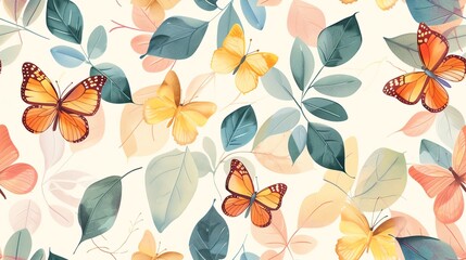 Fototapeta premium Charming hand-drawn butterflies and leaves in a seamless pastel floral pattern