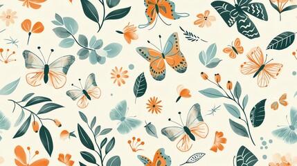 Obraz premium Charming hand-drawn butterflies, flora, and leaves in a seamless pastel pattern