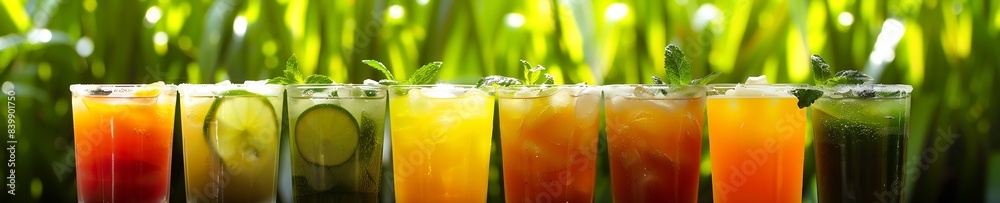 Poster 8 refreshing glass cups of juice. surrounded by sugarcane. with a greenscreen background : generativ