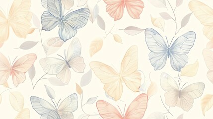 Delicate hand-drawn butterflies and leaves in soft pastel colors, seamless pattern