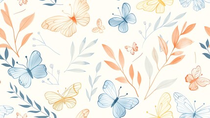 Delicate hand-drawn butterflies and leaves in soft pastel colors, seamless pattern