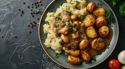 Detailed top-down view of a plate of potatoes, sauerkraut, and gravy, studio lighting, isolated background, ideal for food advertising