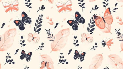 Elegant pastel butterfly and leaf pattern, hand-drawn style with floral elements