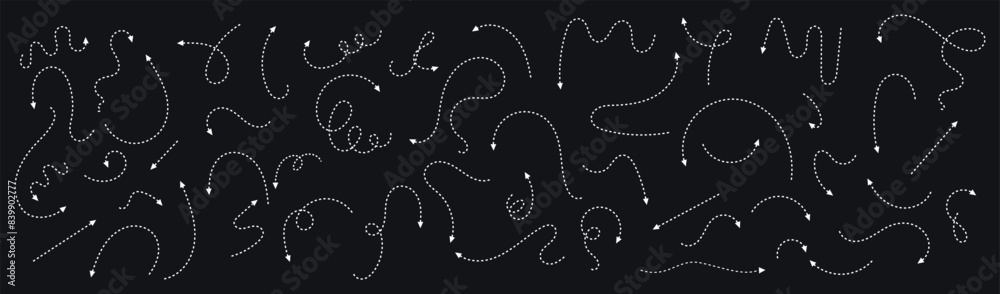 Poster set of hand drawn thin dash line arrows. collection of curved pointers. white dot vector pointers po