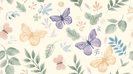 Obraz premium Soft pastel butterflies and leaves, hand-drawn seamless floral pattern with flora