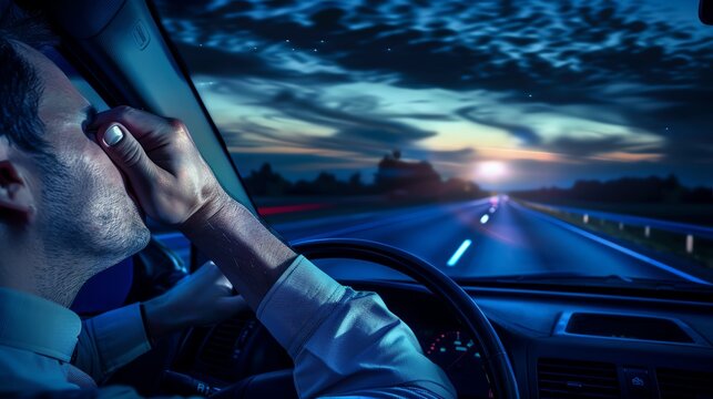 Man driving on empty highway at dusk, experiencing fatigue and rubbing his eyes, reflecting dangers of drowsy driving.