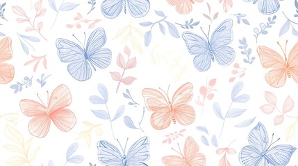 Soft pastel butterflies, flora, and leaves, hand-drawn seamless pattern