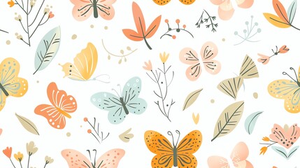 Obraz premium Whimsical hand-drawn butterflies, flora, and leaves in a seamless pastel pattern