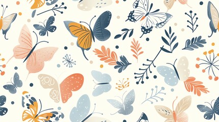 Whimsical hand-drawn butterflies, flora, and leaves in a seamless pastel pattern